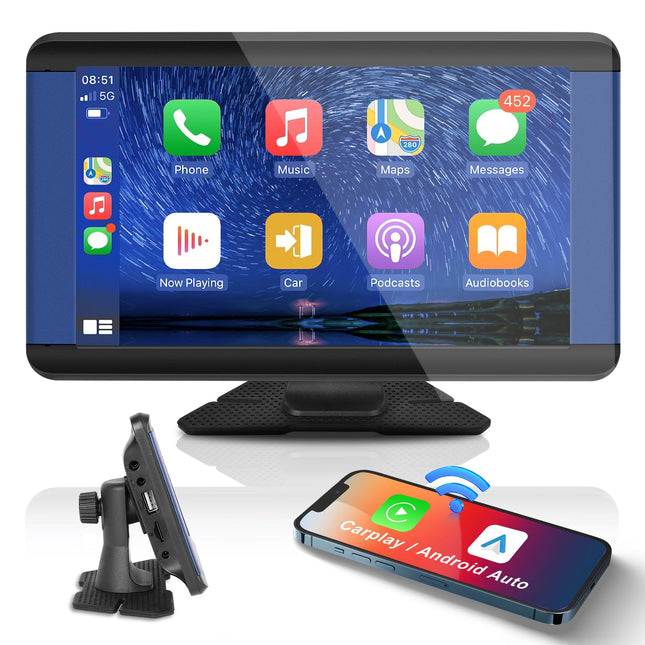 Podofo 7-tolline autostereo juhtmevaba Carplay ja Android Autoga, puutetundliku ekraaniga Bluetooth-automonitoriga, mis toetab peegli linki iOS-ile/Androidile, hääljuhtimisega, ekvalaiseriga heli seadistusega, USB/TF/AUX sisendiga