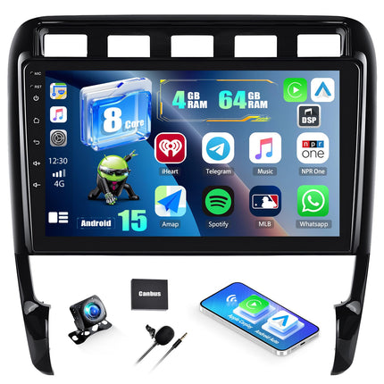 CAMECHO Qualcomm 8-tuumaline 4+64G Android 15 DSP autoraadio Porsche Cayenne'ile 2002-2010 koos tahavaatekaameraga, 9-tolline juhtmevaba Carplay IPS Bluetooth raadio Android Auto WiFi GPS FM/RDS + ventilaatoriga jahutusega