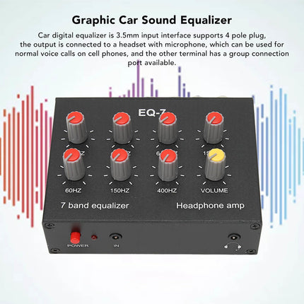 7 Band Car Audio Equalizer, Digital Two-Channel Equalizer, 3.5 mm interface, Input impedance of 20 K, Output input