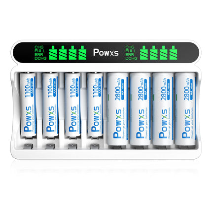 POWXS akulaadija 4 AA ja 4 AAA patareiga, 8 pesaga akulaadija LCD-ekraaniga, laetavad AA ja 4 AAA akud, kiirlaadija NI-MH NI-CD AA/AAA akude jaoks, USB ja C-tüüpi sisend