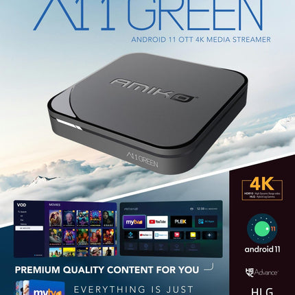 AMIKO A11 roheline 4K UHD Android 11 teleriboks, kahesageduslik WiFi WLAN, HDR10+, HLG, 2 GB muutmälu ja 16 GB välkmälu, teleri vastuvõtja, Bluetooth 4.0, My TV3, SD-kaardi pesa, USB 2.0 ja 3.0, HEVC, infrapunaliides