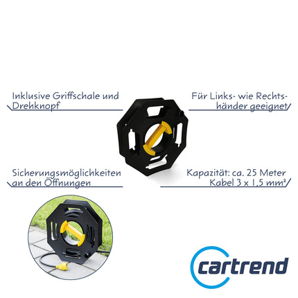 Cartrend Caravan käsikaablirull, tühi kaablirull, telkimiseks ja majapidamiseks, kuni 25 m kaabel, plastik, must-kollane