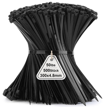 500 Pack Black 12in Cable Ties, 300mm x 4.8mm Nylon Ties, Cable Ties Tensile Strength with 22 kg, UV Resistant Cable Ties Zip, Self-Locking Industrial Cable Ties for Cable Management