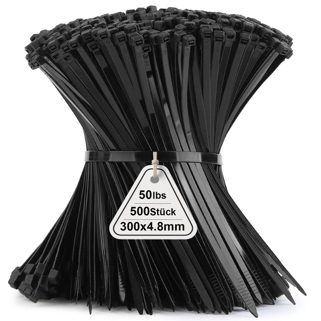 500 Pack Black 12in Cable Ties, 300mm x 4.8mm Nylon Ties, Cable Ties Tensile Strength with 22 kg, UV Resistant Cable Ties Zip, Self-Locking Industrial Cable Ties for Cable Management