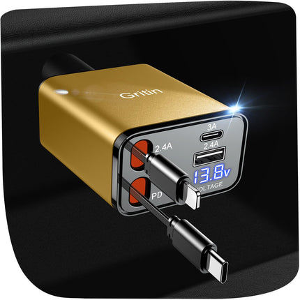 Gritin 4 in 1 USB C Cigarette Lighter, 69W Car Charger Adapter with Voltage Display &amp; Adaptive Charging Technology, USB Fast Charger for iPhone 16/15/14/iPad/Galaxy/Android etc. - Yellow