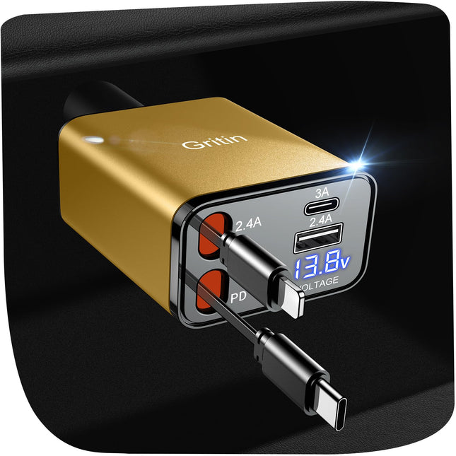 Gritin 4-ühes USB C sigaretisüütaja, 69W autolaadija adapter pingenäidiku ja adaptiivse laadimistehnoloogiaga, USB kiirlaadija iPhone 16/15/14/iPad/Galaxy/Android jne jaoks - kollane