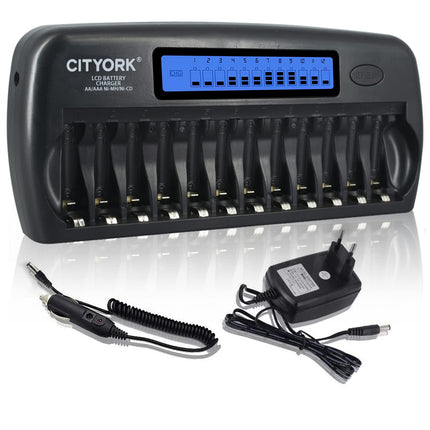 CITYORK AA AAA Battery Charger 12 Slots, LCD Battery Charger for AA/AAA NI-MH NI-CD Rechargeable Batteries with Discharge as well as integrated IC Protection and Power Supply