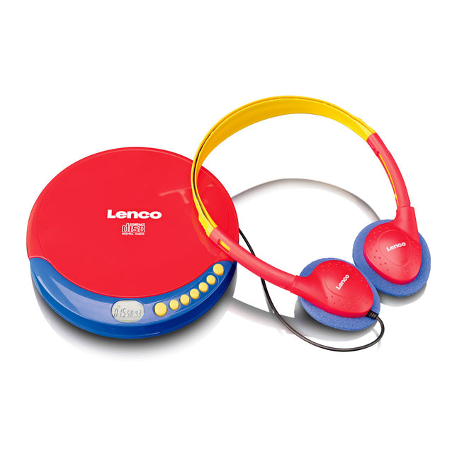 Lenco CD-021 CD-mängija lastele - kaasaskantav CD-mängija - Discman - kõrvaklapid helitugevuse piirajaga - mängib CD-R/RW plaate - sisseehitatud aku - laadimiskaabliga - punane/sinine