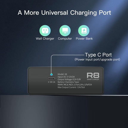 LIMETA nutikas akulaadija AA AAA akudele, akulaadija LCD-ekraaniga, 8 pesaga universaalne kiire akulaadija, USB Type-C QC3.0 NI-MH NI-CD LiHv Li-lon LiHv 18650 akudele, must