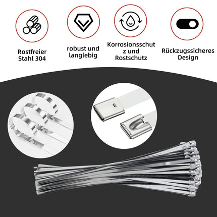 100 roostevabast terasest kaablisidemet, 300 x 10 mm terasest kaablisidemed tõmbetugevusega 125 kg, roostevabast terasest kaablisidemed lukustusfunktsiooniga kaablite kimputamiseks, aiahoolduseks (300 x 10 mm)