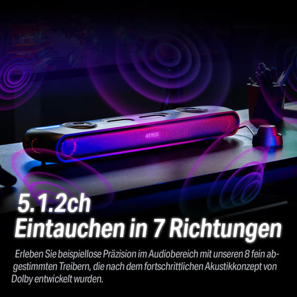 OXS Thunder Pro Gaming Soundbar 5.1.2 Dolby Atmos, Enhanced Bass, Bluetooth Multi-Device Connection, Integrated Subwoofer, 3 Pro Gamer Modes, Slim Toggle Design, for PCs, Game Consoles