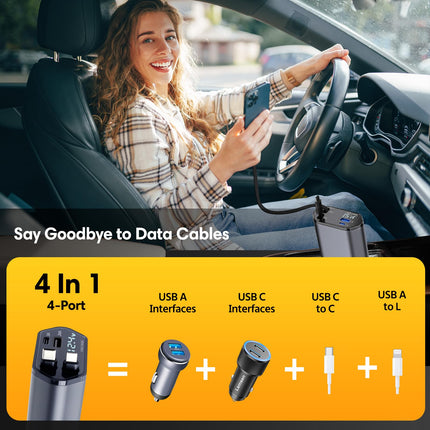 Sweetone 4 in 1 Cigarette Lighter USB C, 66W Retractable Car Charger, Mobile Phone Car Charger Adapter Fast Charger, Car Charger Accessory Interior Compatible with iPhone 16 15 /Samsung Galaxy