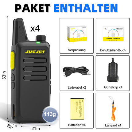 JUCJET (4 tk) täiustatud versiooniga T20D raadiokomplekt, 16 kanalit, mürasummutus, VOX, PMR-raadio, laetav, kahesuunaline raadiosaatja kooli, turvalisuse ja hotelli jaoks (must)