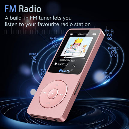 RUIZU 32GB MP3-mängija Bluetooth 5.3-ga, 1,8-tollise ekraaniga kaasaskantav muusikapleier, FM-raadio, hääle salvestamine, e-raamatute esitamine, juhuslik esitus ühe silmusega, 80H digitaalse audio-video taasesitus, kerge, toetab 128GB TF-kaarti
