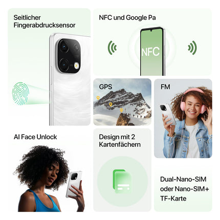 UMIDIGI G9C NFC nutitelefon ilma lepinguta Android 14-12(6+6) GB+128GB 50MP kaameraga mobiiltelefon 6,75-tolline 90Hz ekraan, 5000mAh, 2,2GHz protsessor, 4G kahe SIM-kaardiga, kaasas laadija, Bluetooth 5.4/Face ID/GPS-valge