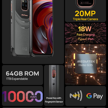 Ulefone Power Armor 14 Outdoor Smartphone without Contract, 10000mAh Battery, Helio G35 4GB 64GB, 6.52'' 20MP + 16MP Camera (Underwater Photography), IP68 IP69K Android 11 Rugged Phone, NFC Wireless Charging GPS