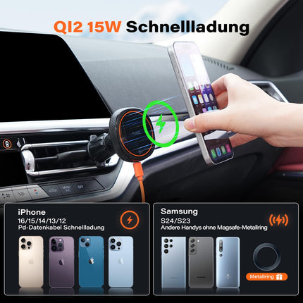 APPS2Car Qi2 15W Magsafe car phone holder with charging function, car phone holder for car ventilation, wireless car phone holder, magnet wireless charger car holder, inductive charging for iPhone, Samsung, etc.