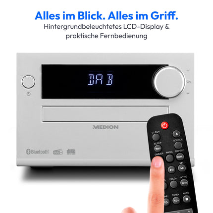 MEDION E64482 mikroaudiosüsteem, kompaktne süsteem (DAB+, CD-mängija, PLL FM-raadio, Bluetooth, MP3-mängija, AUX, kõrvaklapipesa, USB, unetaimer, hämardatav ekraan) hõbedane