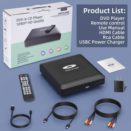 Mini HD DVD-mängija HDMI-ga, 1080P piirkonnavaba DVD-mängija nutitelerile, HDMI/RCA väljundkaabel kaasas, madalam müratase, sisseehitatud PAL/NTSC, CD-mängija koju