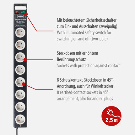 Brennenstuhl Super-Solid 8-kontaktiline pikendusjuhe ülepingekaitsega (pistikupesa 2,5 m kaabli ja lülitiga, purunemiskindlast polükarbonaadist) must/hall