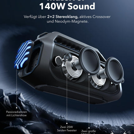 Soundcore Boom 2 Plus Outdoor Speaker, 140W, 2+2 Channel, BassUp 2.0, 20h, Fast Charging, IPX7 Waterproof, RGB Lights, USB-C, Power Bank, BT 5.3, Portable Bluetooth Speaker, Camping