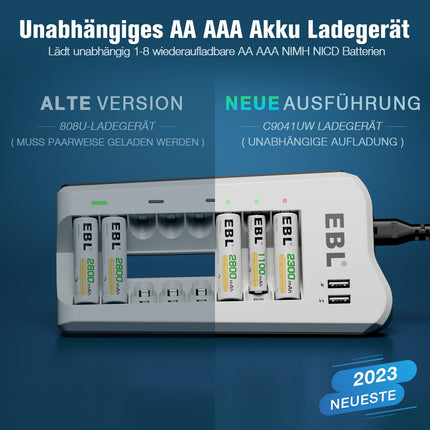 EBL akulaadija AA akudega 2800mAh 8 tk pakis - akulaadija 2 USB-pordiga AA, AAA, NI-MH akude ja USB-seadmete jaoks, mitmekordne kaitse, akude LED-ekraan