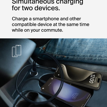Belkin BoostCharge 2-pordiga autolaadija, 42W, kiirlaadimine USB-C, 30W PPS, 12W USB-A pordiga, Apple iPhone 16, 16 Pro, 16 Pro Max, iPhone 15, 14 seeria, Samsung Galaxy S24 ja teiste mudelite jaoks – must