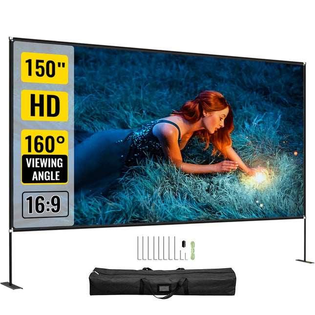 VEVOR Projection Screen with Stand 381 cm (150") Portable Movie Screen 16:9 Outdoor Indoor Projector Screen 347 x 201.9 cm Mobile Beamer Screen 160° Viewing Angle Suitable for Home Theater Camping