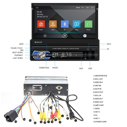 CAMECHO DAB+ Android autoraadio 1 DIN navigatsiooniga, 7-tolline pikendatav ekraan Bluetoothi ​​ja vabakäesüsteemiga, peegliühendusega, AUX-sisendiga, FM-ühendusega, USB-ga, tahavaatekaamera ja mikrofoniga.