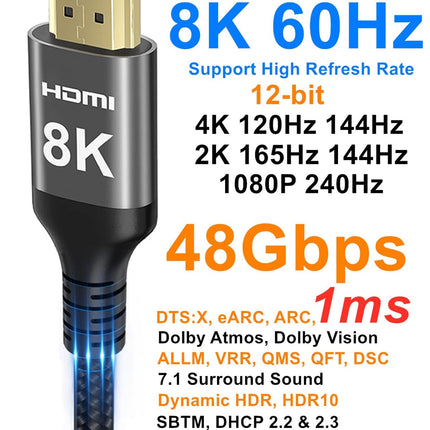 Ubluker 8K HDMI-kaabel 15m, nailonist punutud kiire HDMI®-kaabel 4k 120Hz 2k 165Hz 8k 60Hz 12bit eARC ARC Dolby Atmos HDR10+ HDCP2.3 ühildub arvuti, teleri, monitori, sülearvuti, Maci, PS5, Xboxi jaoks