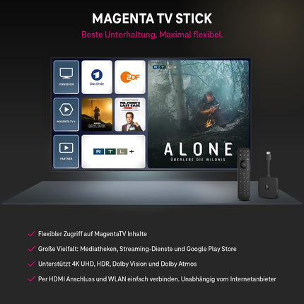 MagentaTV Stick 2. põlvkond | TV ja voogedastus WiFi kaudu | MagentaTV 160 HD-kanaliga, 4K UHD, HDR, otseülekanne ja ajanihkega video | Vootesitusteenused (Netflix, Disney+, RTL+, DAZN, Wow) ja Google Play pood