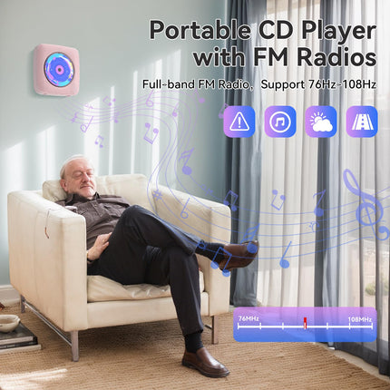 Raadio CD-mängijaga lastele: Kegaudio kaasaskantav CD-mängija Bluetooth-kõlariga, esipaneeliga, kaugjuhtimispuldiga, taimeriga, USB-taasesitusega, AUX-taasesitusega, roosa
