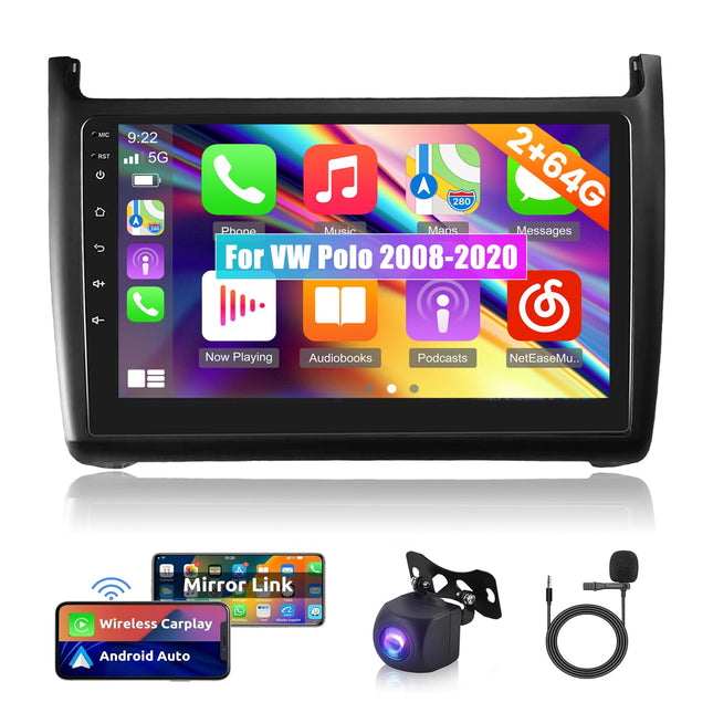 NHOPEEW 2+64G Android autoraadio VW Polo 2008-2020 jaoks koos Carplay ja Android Autoga - 9-tolline puutetundliku ekraaniga autoraadio - WiFi GPS SWC + tahavaatekaamera ja mikrofon