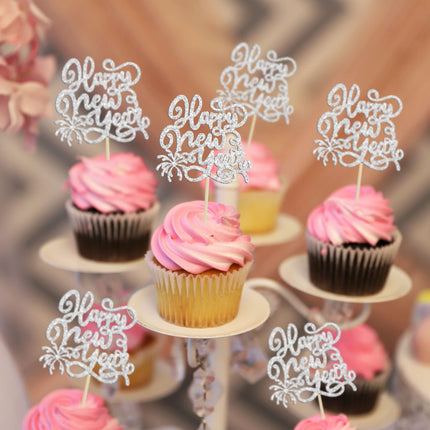 Gyufise 24 Pieces 2025 Happy New Years Cupcake Toppers Silver Glitter 2025 Happy New Year Party Decorations for Happy 2025 Cheers to 2025 Hello 2025 New Year's Eve Party Decorations Supplies