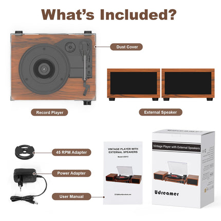 Udreamer Record Player with 2 Dual Stereo Speakers, Vintage Record Player Bluetooth 5.3 Supports 3 Speeds, AUX-In, RCA Line, USB, Wireless Playback, Brown