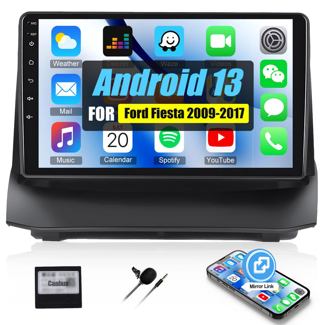 [2+32G] SIXWIN Android 13 Car Radio for Ford Fiesta 2009-2017, 9 inch Capacitive Double Din Car Radio with Screen with WiFi GPS Bluetooth FM/RDS USB Mirrorlink+Canbus