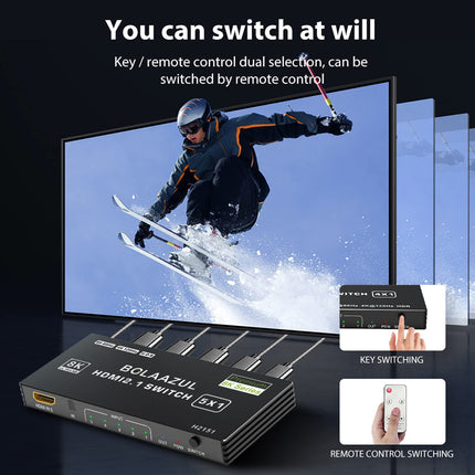 BolAAzuL 8K HDMI 2.1 lüliti 4K 120Hz, HDMI lüliti 5 sisendit 1 väljund 8K@60Hz 4K@120Hz 2K@144Hz, HDMI 2.1 jaotur 5-pordiga IR-puldiga, HDMI 5x1 HDR, 48GBPS, CEC, Dolby Vision Xbox PS5 arvutitele