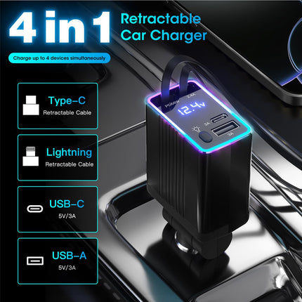 4-in-1 Retractable Car Charger, 120W Car Charger Car Accessory, 12V/24V USB Cigarette Lighter Adapter with iPhone and Type-C Cable, Ultra-Fast Car Charger Compatible with iPhone/Huawei (Black)
