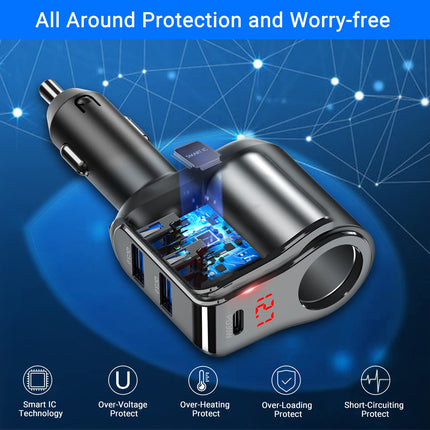 PD 30W autolaadija jaotur: 200W 12V USB C sigaretisüütaja adapteri jaotur 12-voldine alalisvoolu pistik, mitmekordne autopistikupesa voltmeetriga, kahekordne C-tüüpi pistik iPhone'i, Samsungi mobiiltelefoni GPS-i armatuurlauale