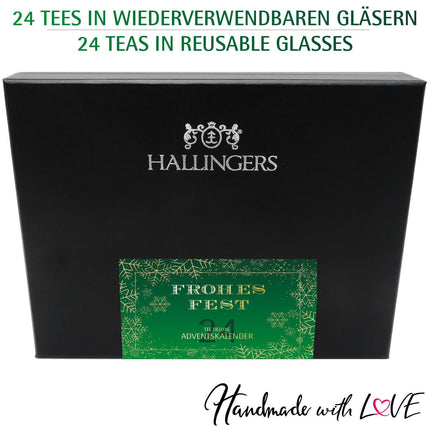 Hallingersi Happy Holidays - Rohelised/Kuldsed Tähed - Tee advendikalender, käsitsi valmistatud, vegan ja gluteenivaba keeratava korgiga purkides (komplekt) - emadepäeva- ja isadepäevakingitused | Paranemist Hanuka sõprusega