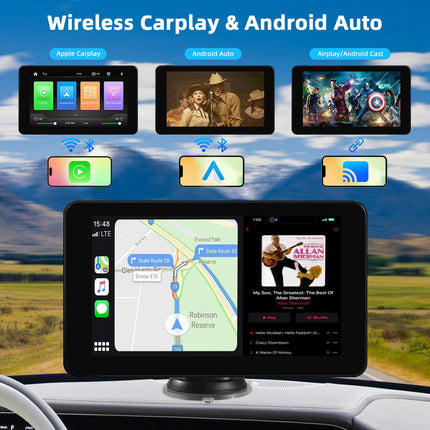 Wireless Carplay Display with Apple Carplay &amp; Android Auto, 7 inch Portable Car Radio with Screen, Car Navigation Devices with Bluetooth, Mirror Link, Voice Control, Navigation, FM, AUX