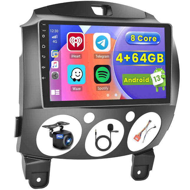 8-tuumaline 4GB + 64GB Android 13 autoraadio Mazda 2 2007-2014 raadio, juhtmevaba CarPlay, Android Auto, Bluetooth 9-tollise ekraaniga autoraadio navigatsiooniga, tahavaatekaameraga