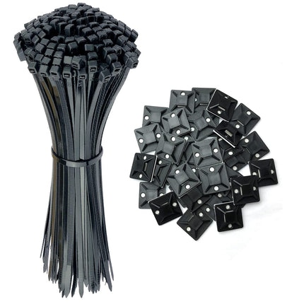Oksdown 100 pieces cable ties black 350×4.8mm long nylon plastic large cable zip ties 60 pieces strong mounting base adhesive base screw base 25 x 25 mm cable ties set cable strap cable management