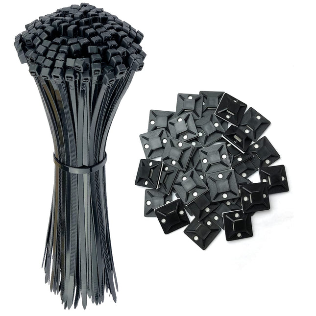 Oksdown 100 pieces cable ties black 350×4.8mm long nylon plastic large cable zip ties 60 pieces strong mounting base adhesive base screw base 25 x 25 mm cable ties set cable strap cable management