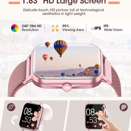 RUXINGX 2024 Smartwatch Women, 1.83" Wrist Watch with Phone Function 3 Bracelet, Menstrual Cycle Heart Rate Sleep Monitor SpO2 IP68 Sports Watch Fitness Tracker Pedometer for iOS Android Rose Red