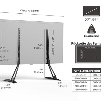 FITUEYES universaalsed teleri jalad, telerijalad 32–55-tollisele LCD-telerile, LED-teleri lamedatele ja kumeratele teleritele, jalad, lauaalus, reguleeritava kõrgusega, kallutatav, VESA, max 600 * 400 mm, kuni 50 kg.