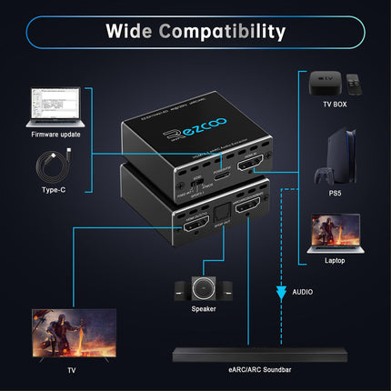 4K@120Hz HDMI 2.1 eARC Audio Extractor Dolby Atmos/Vision VRR/ALLM CEC Bypass HDCP2.3 SPDIF Output Plug &amp; Play for Soundbars/Sono-s ARC/eARC/PS5/Xbox