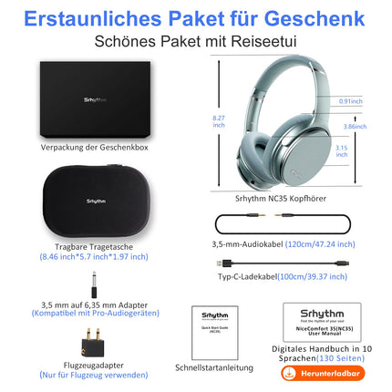 Srhythm NC35 aktiivse mürasummutusega kõrvaklapid, juhtmevabad Bluetooth-kõrvaklapid - LDAC-režiim, kiire laadimine, 50+ taasesitust, kõrvaklapid mikrofoniga, kahe seadme sidumine, mäluvalgu kõrvaklapid