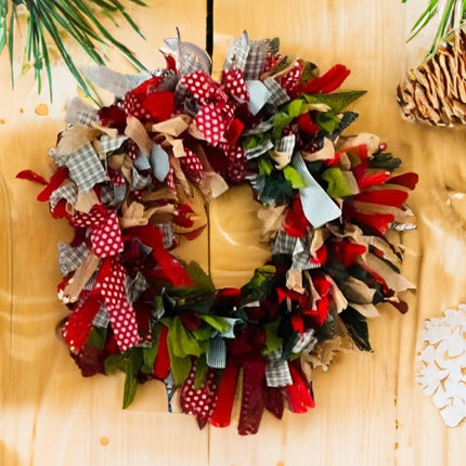 Christmas wreath, Christmas decoration, handmade, made from recycled, seasonal multi-colored, green, red fabric, GoodWeave certified, 30 cm diameter, suitable as a mobile, door or wall hanging