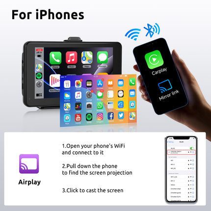 Wireless CarPlay Android Auto Mirror Link, 7 inch Touchscreen Monitor CarPlay Screen Digital Media Receiver Car Radio Receiver Wireless Car Stereo with Bluetooth Car Multimedia Player 9V-32V